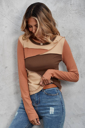Brown Exposed Seam Color Block Ribbed Knit Top