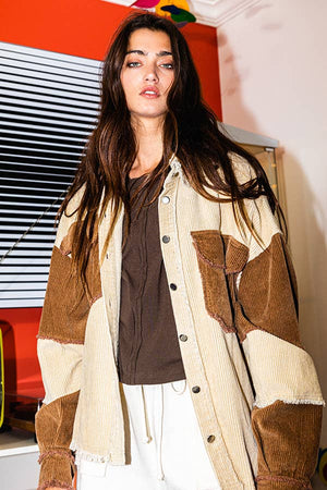 Taupe Brown Oversized Color Block Corduroy Patchwork Shacket