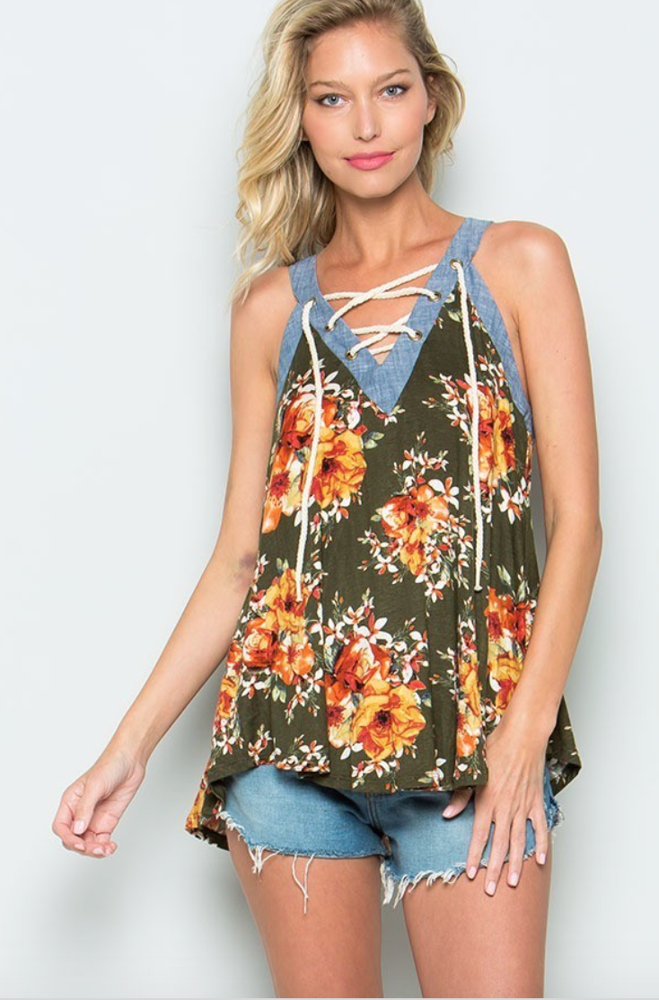 Flower Lace Up Detail Tank