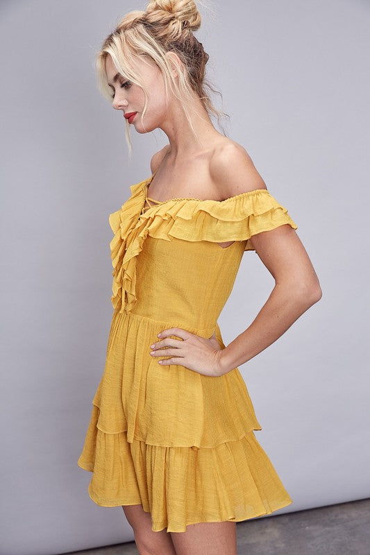 Mustard Off Shoulder Ruffle Detail Dress