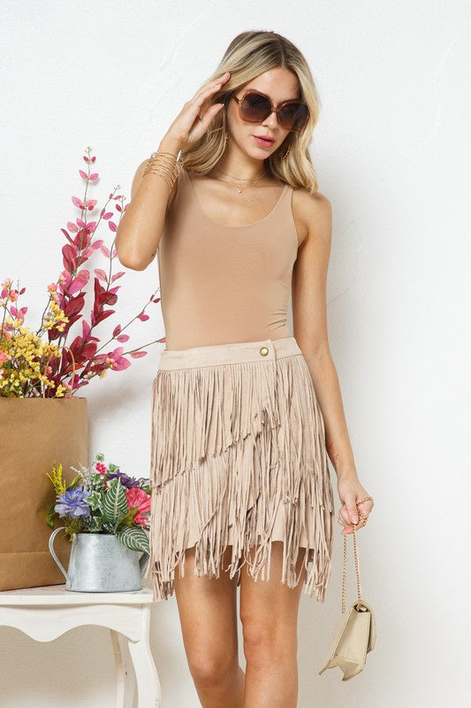 Beige Faux Suede Fringed Wrap Skirt