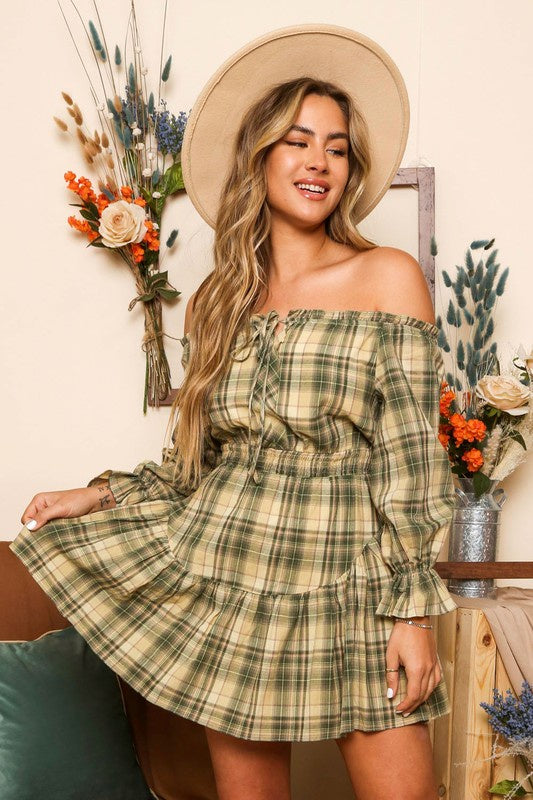plaid off shoulder dress Reclaimed Vintage off the shoulder midi dress with side split in spliced blue and green plaid
