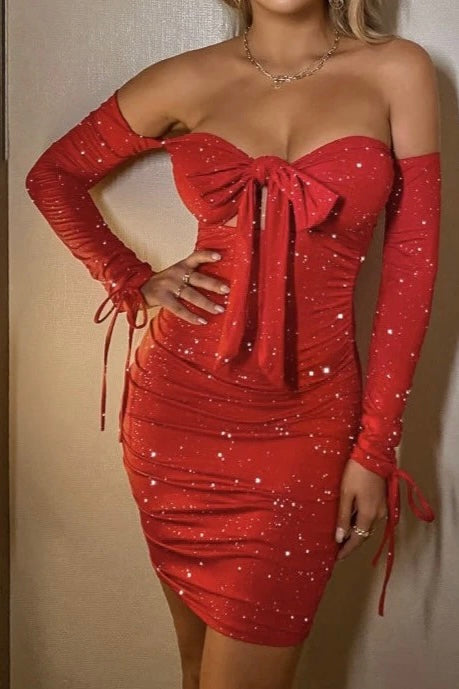 Glitter Off Shoulder Ruched Bodycon Dress