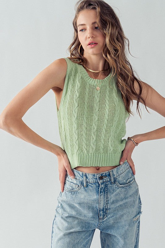 Cable Knit Sleeveless Cropped Sweater