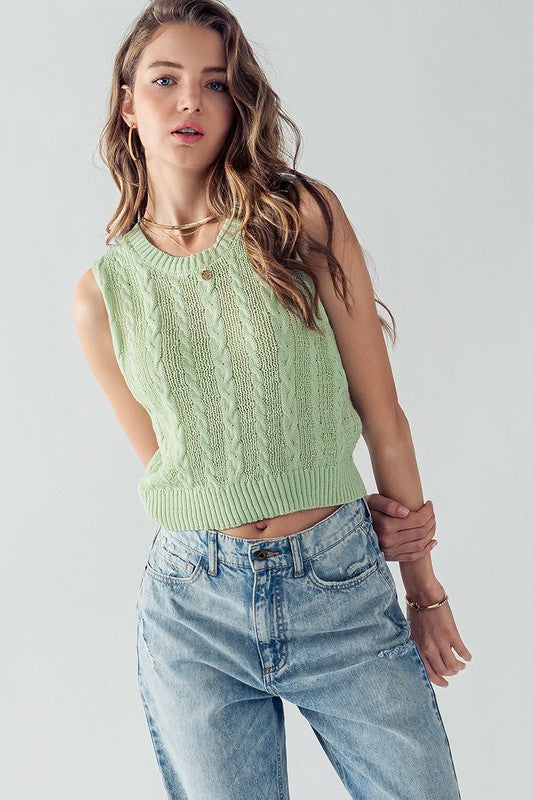 Cable Knit Sleeveless Cropped Sweater