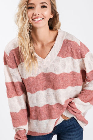 Curvy Stripe V-Neck Fuzzy Sweater