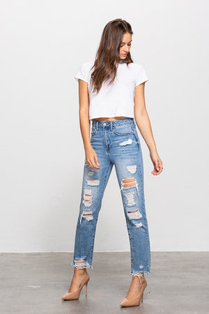 High Waist Distressed Girlfriend Jeans