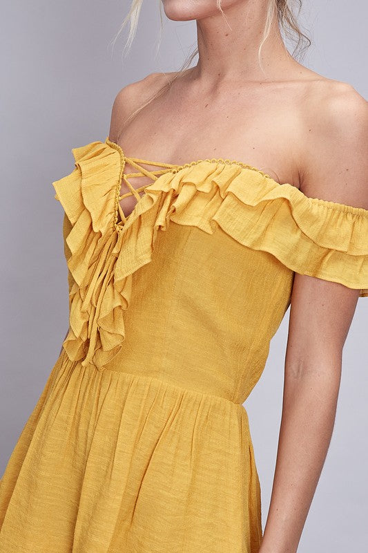 Mustard Off Shoulder Ruffle Detail Dress