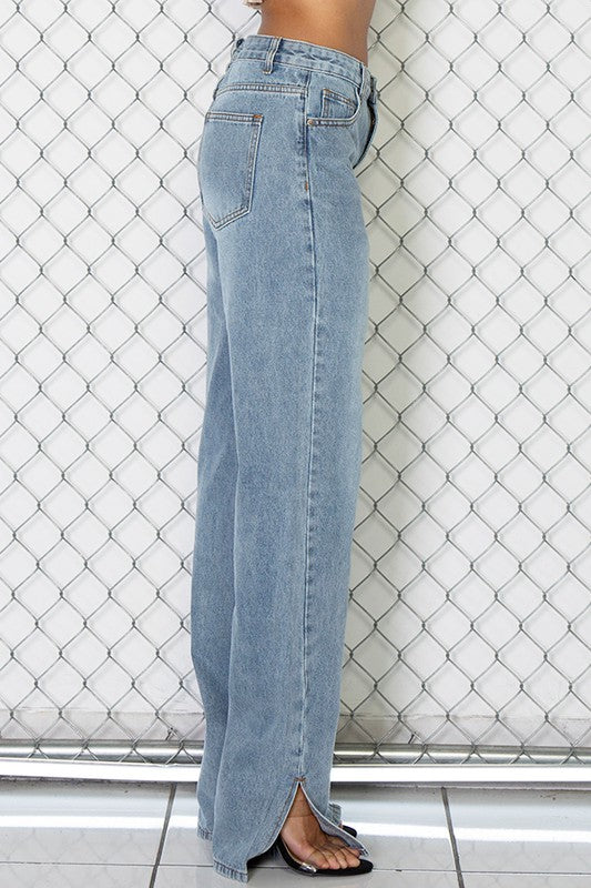 High Rise Relaxed Slit Bottom Washed Jean