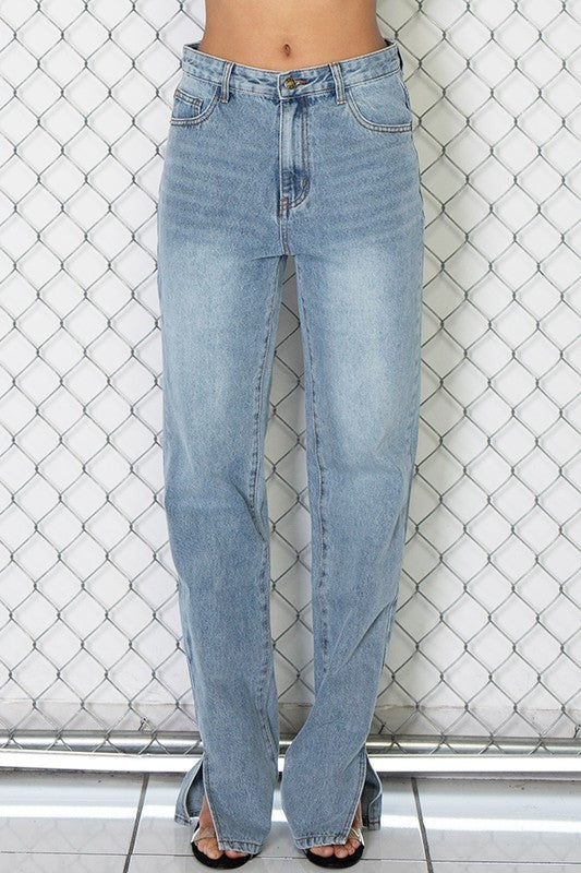 High Rise Relaxed Slit Bottom Washed Jean