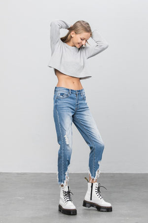 Pure Blue Crew Ripped Girlfriend Jeans