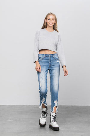Pure Blue Crew Ripped Girlfriend Jeans