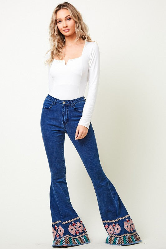 High Rise Aztec Embroidered Flares