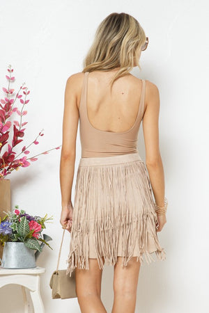 Beige Faux Suede Fringed Wrap Skirt