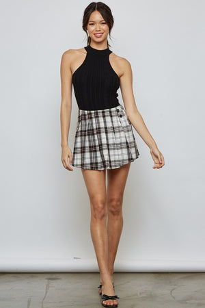 Plaid Button Detail Pleated Skort