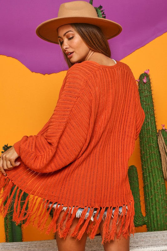 Rust Ribbed Open Knit Fringed Cardigan