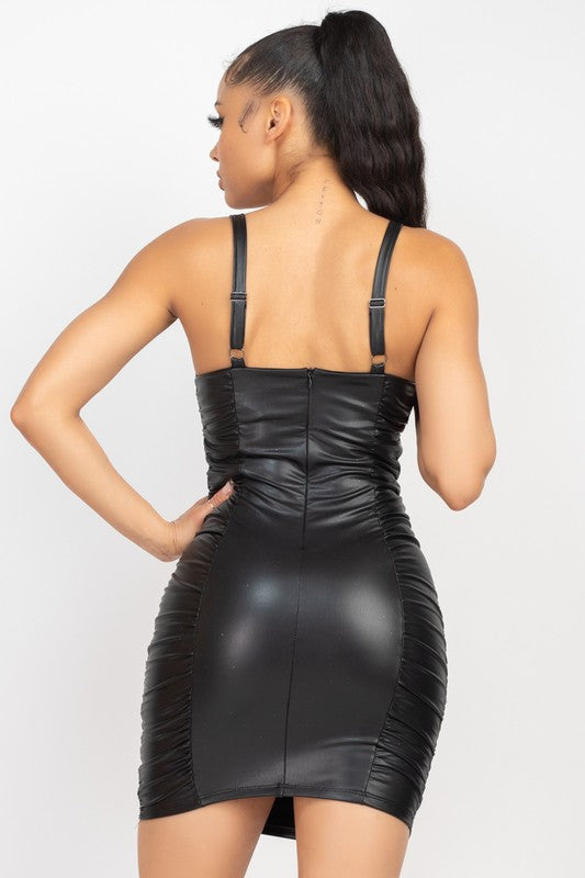 Shirred Faux Leather Bodycon Dress