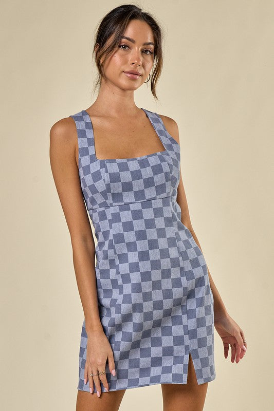 Checkered Square Neck Mini Dress