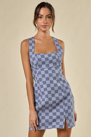 Checkered Square Neck Mini Dress