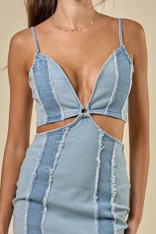 Freshlook Women's Solid Color Slim Bag Buttock Slit Hollow Hole Strip Dress Spring Mini Dress,Light Blue/2XL