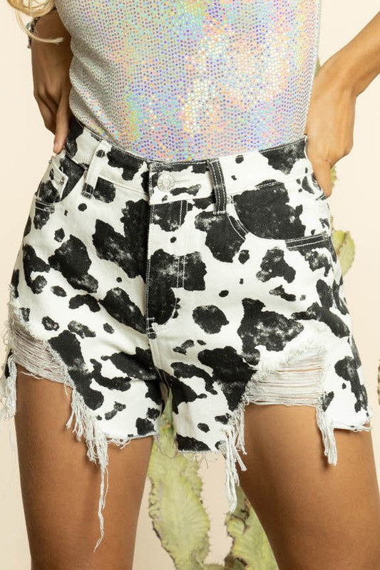 Black & White Cow Print Denim Shorts