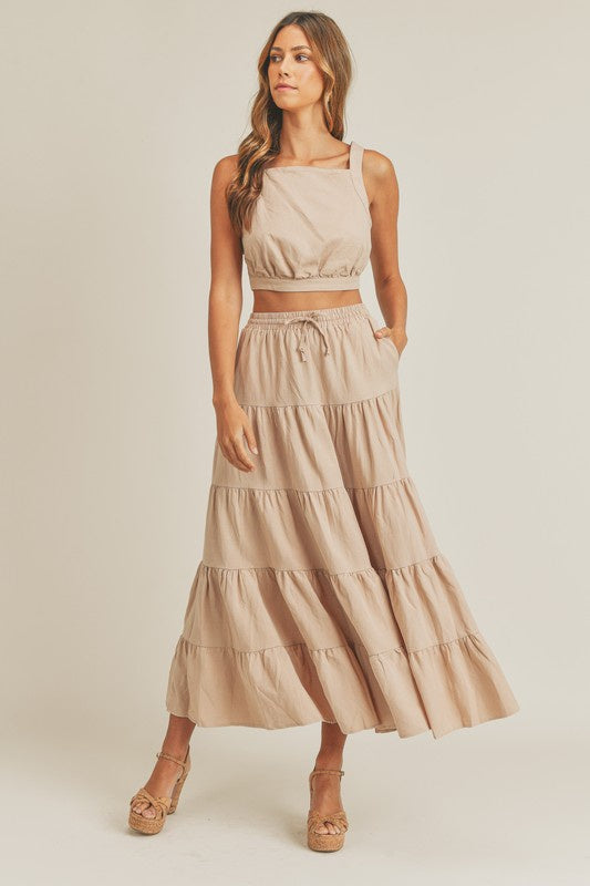 Linen Crop & Ruffle Tier Midi Skirt Set