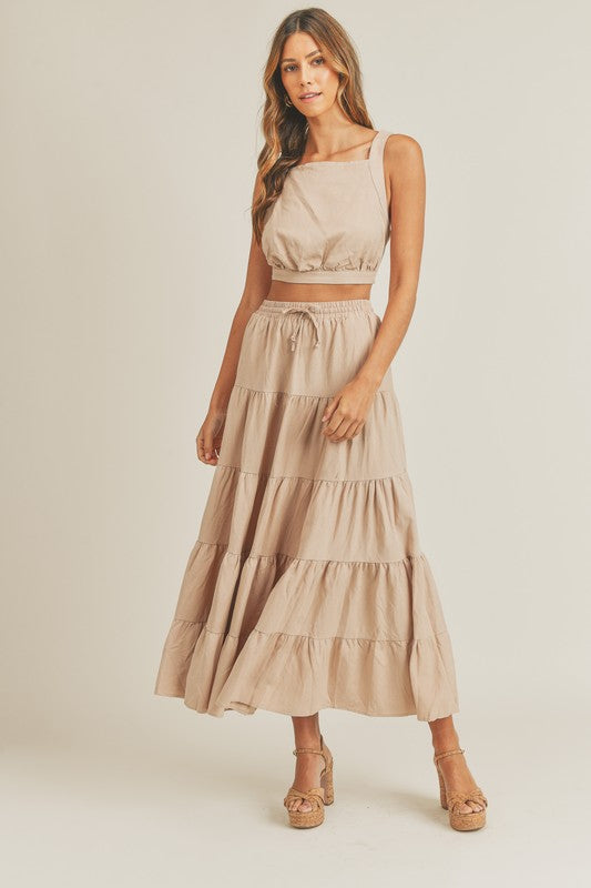 Linen Crop & Ruffle Tier Midi Skirt Set