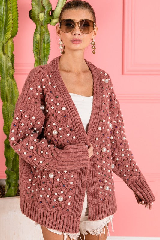 Pearl Embellished Twist Knit Cardigan