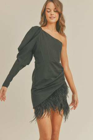 One Shoulder Feather Fringe Mini Dress