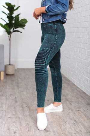 Mineral Washed Wide Waistband Moto Leggings