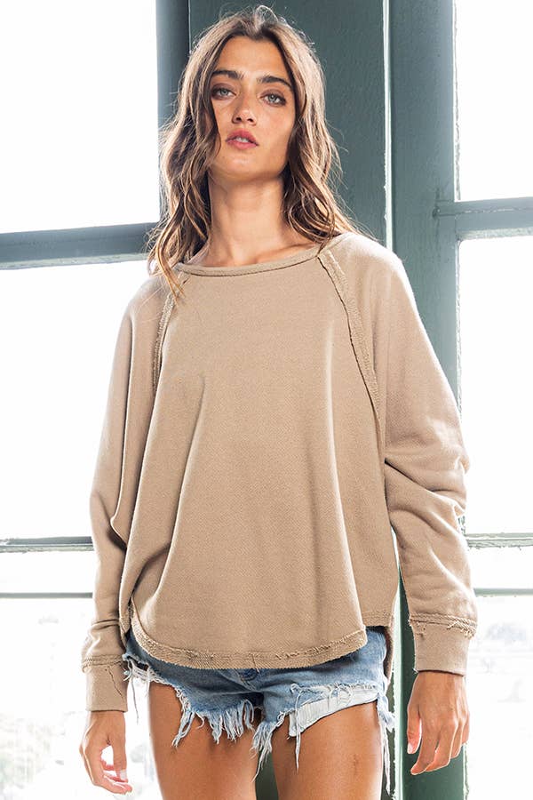 Taupe French Terry Round Hem Detailed Loose Fit Top