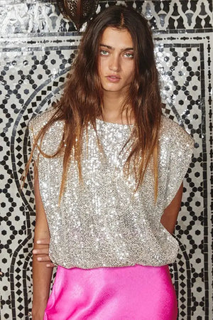 Sequins Sleeveless Spangle Power Shoulders Top