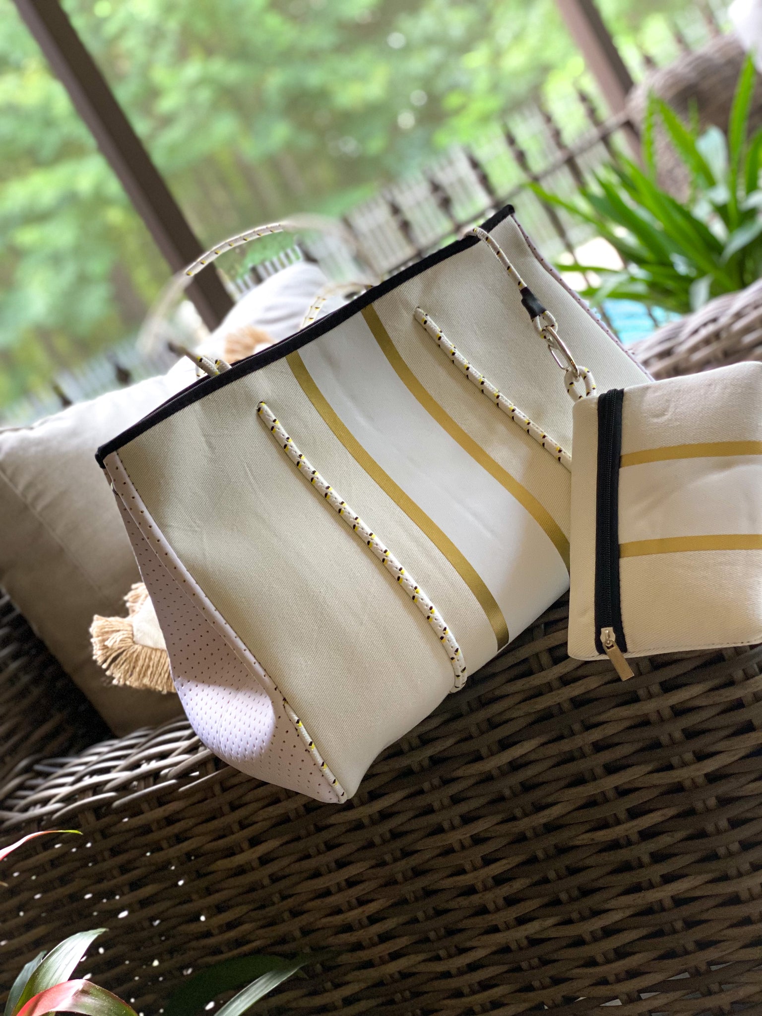 Beige Canvas Gold Stripe Neoprene Tote – Southern Fried Glam