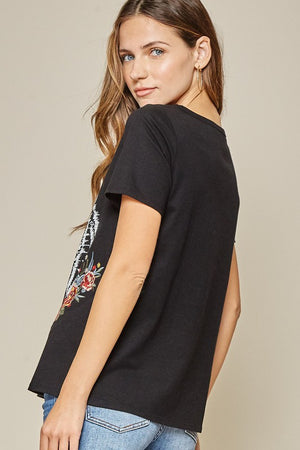 Black Embroidered Tiger Graphic Tee