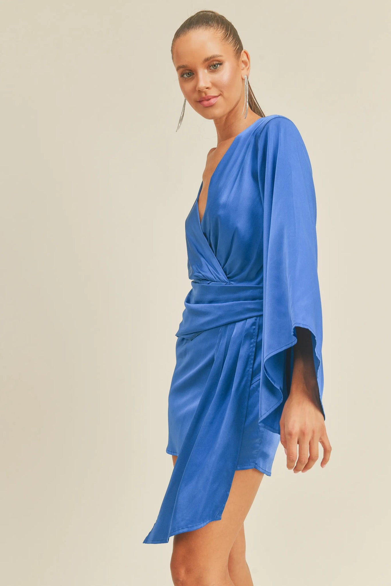 Royal Mini V Neck Dress Side Draping