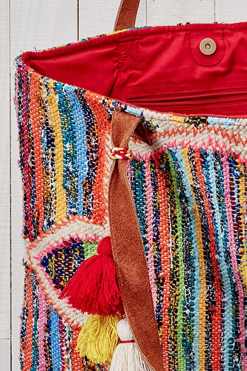 Rag Rug Multi Colored Embroidered Tote