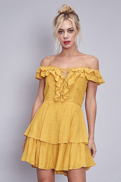 Mustard Off Shoulder Ruffle Detail Dress – Southern Fried Glam