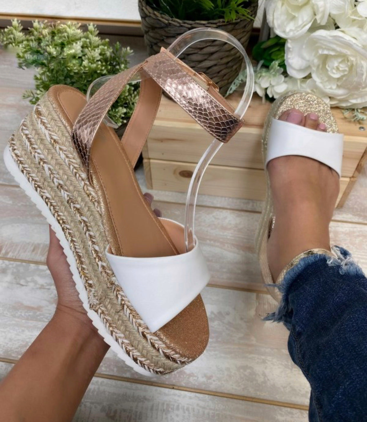 Rose Gold & White Espadrille Sandals