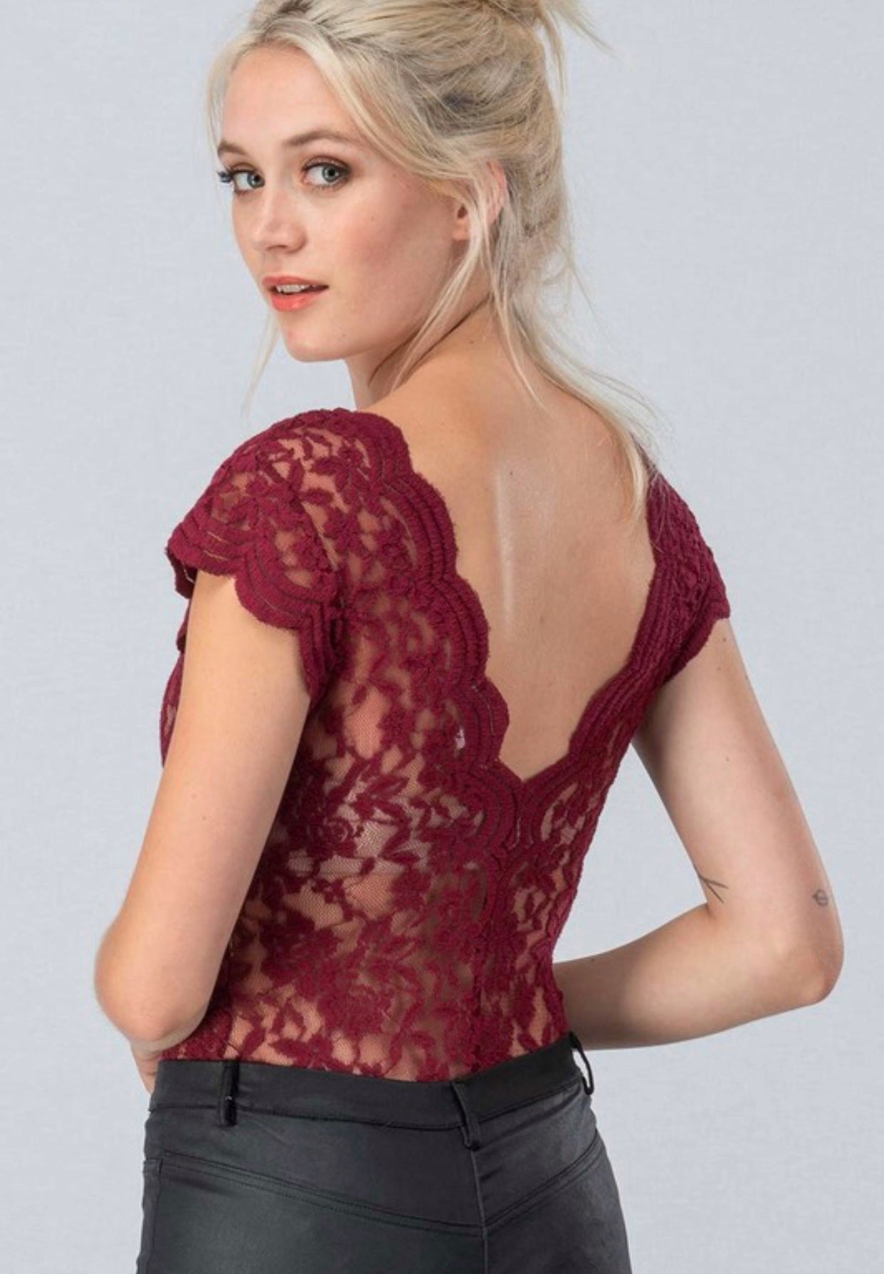 Embroidered Lace Scalloped Trim Bodysuit