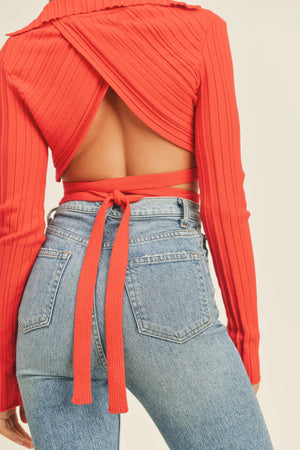 Red Sweater Knit Wrap Crop Top
