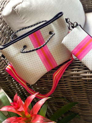 Mini White Hot Pink Stripe Neoprene Bag