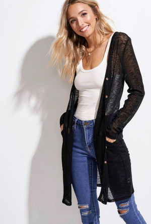 Black Button Front Sheer Cardigan