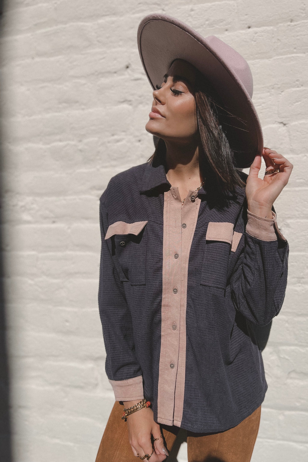 Charcoal Waffle Button Front Shirt
