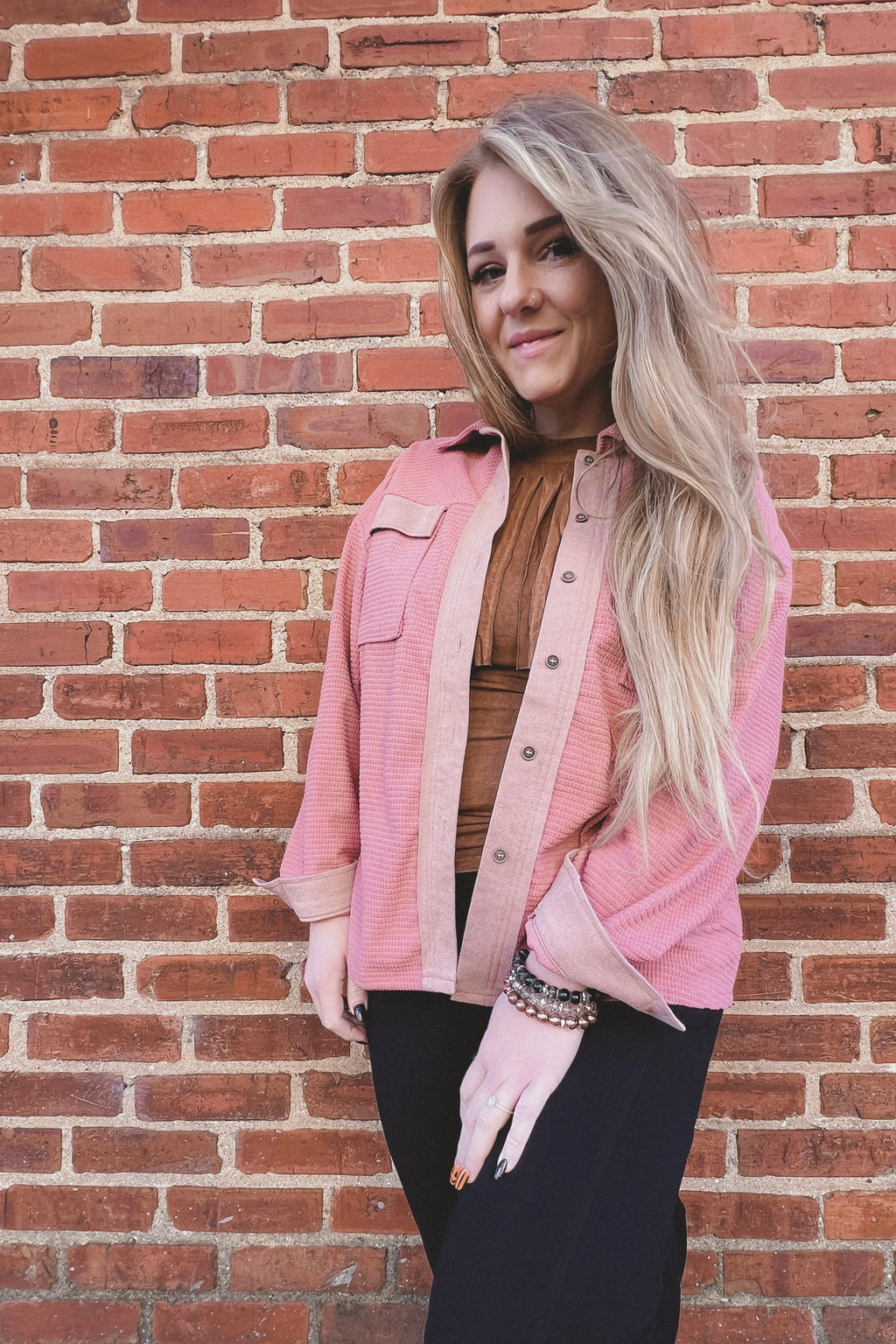 Pink Button Front Waffle Shirt