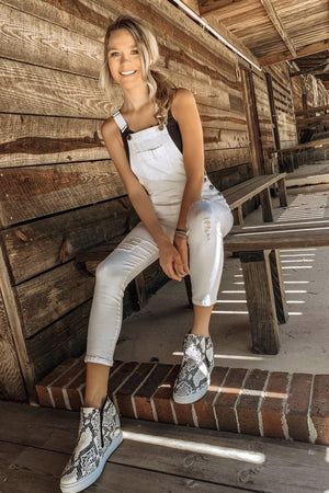 White Denim Distressed Overalls