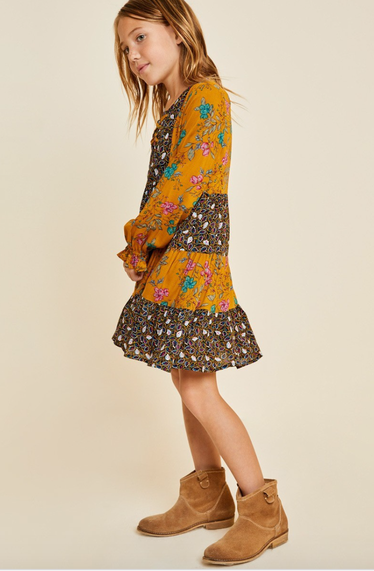 Mustard Floral Lace-Up Peasant Dress