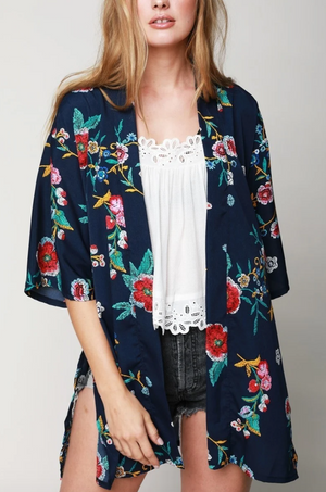 Navy Floral Kimono with Side Slit