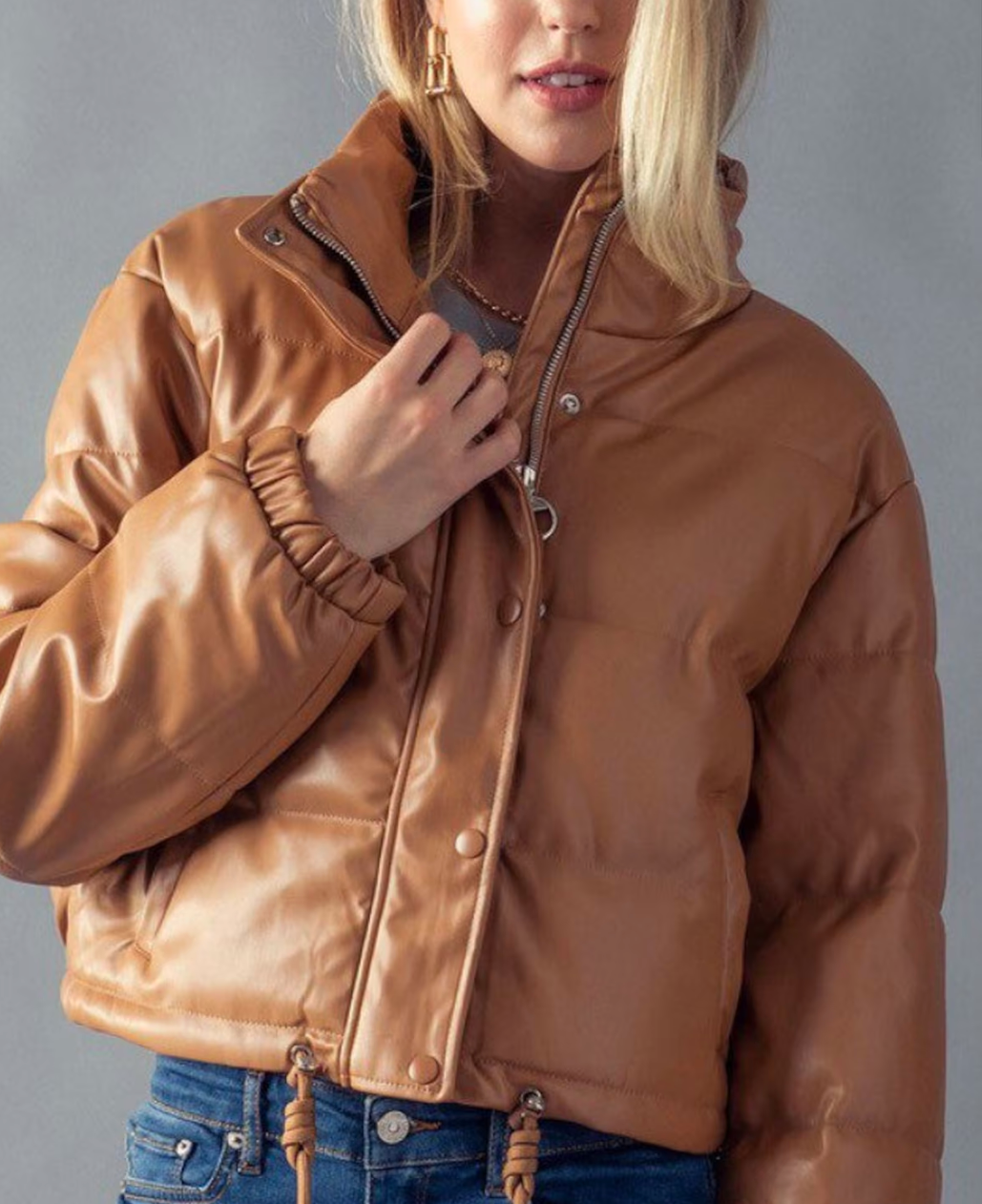 Camel Faux Leather Short Crop Puffer Jacket