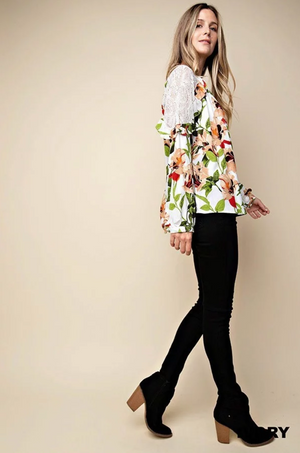 Lilies Printed Floral Lace Gauze Top
