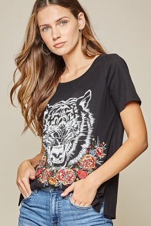 Black Embroidered Tiger Graphic Tee